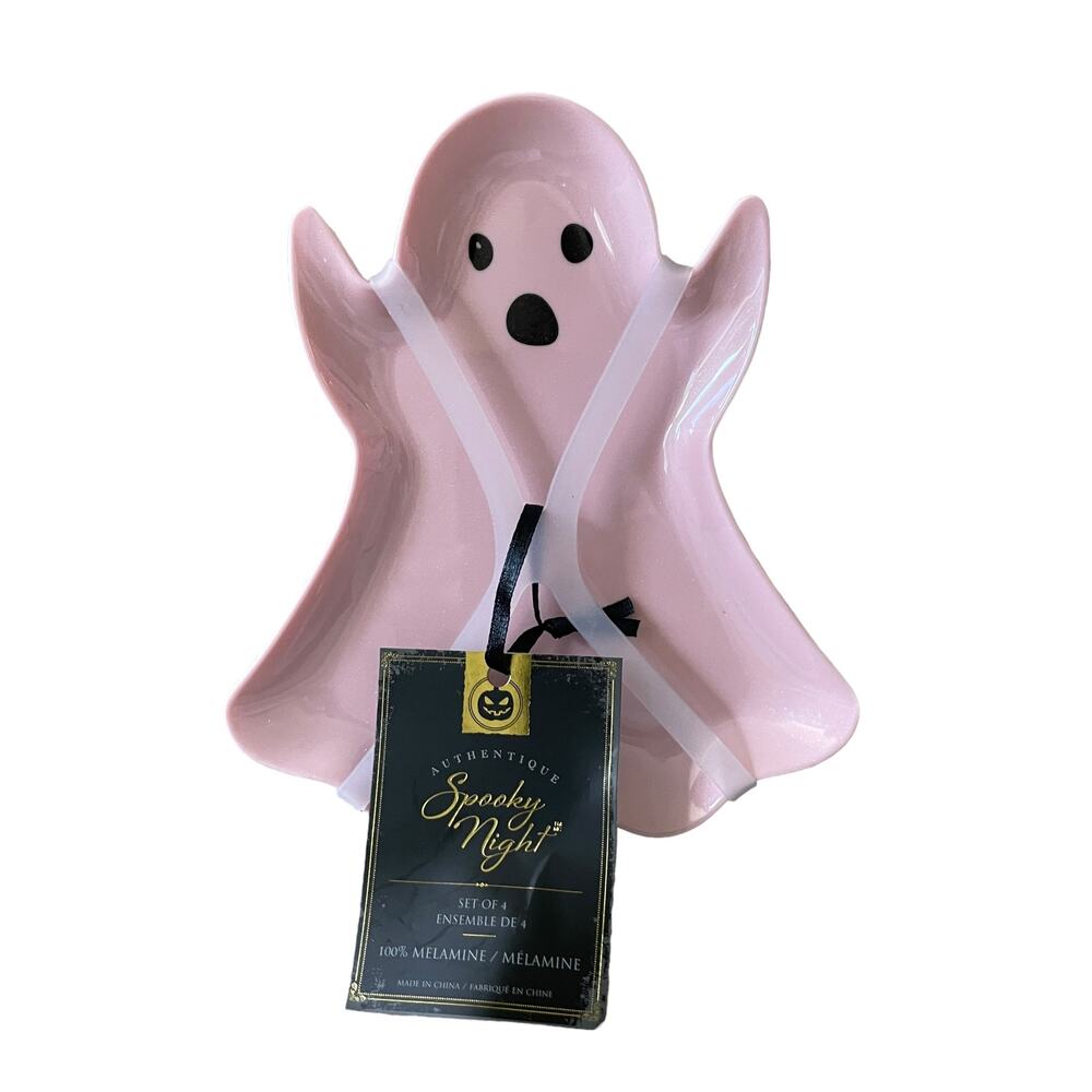 Spooky Night Halloween Pink Ghost Melamine Appetizer Plates Set of 4 BOO New